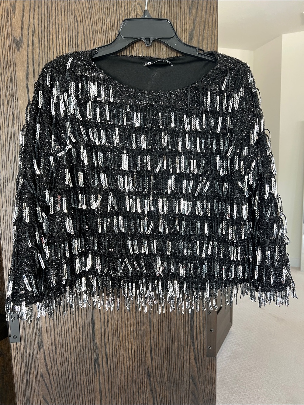 Zara Black Sequin Fringe Top NWT